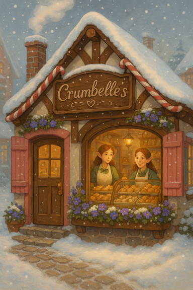 Charming bakery in a snowy village, with two women serving pastries.
